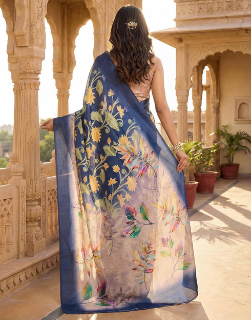 Vasthrlay Womens Printed Unstitched Navy Blue Saree