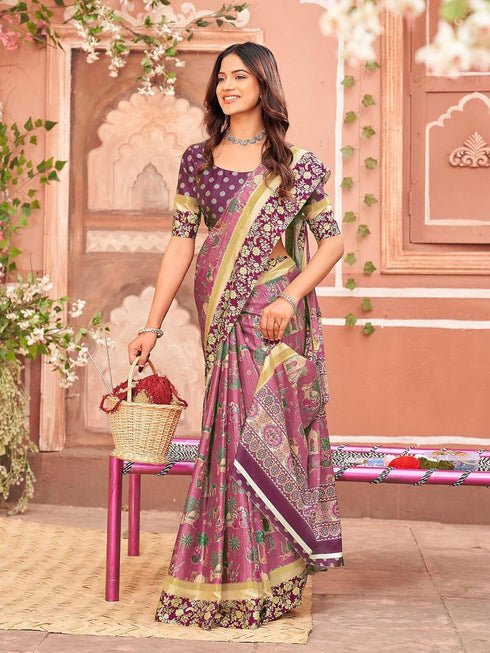 Vasthrlay Womens Printed Unstitched Purple Saree