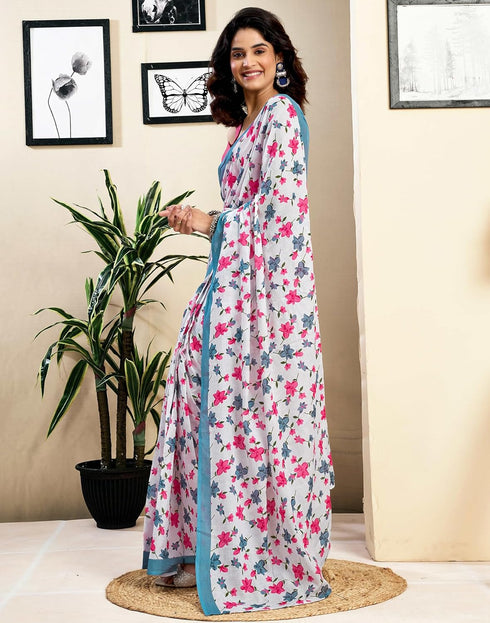 Vasthrlay Womens Printed Unstitched White Saree