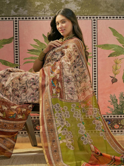 Vasthrlay Womens Printed Beige Saree With Unstitched Blouse Piece
