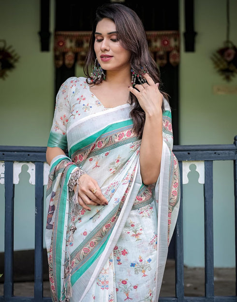 Vasthrlay Womens Printed Unstitched Light Green Saree