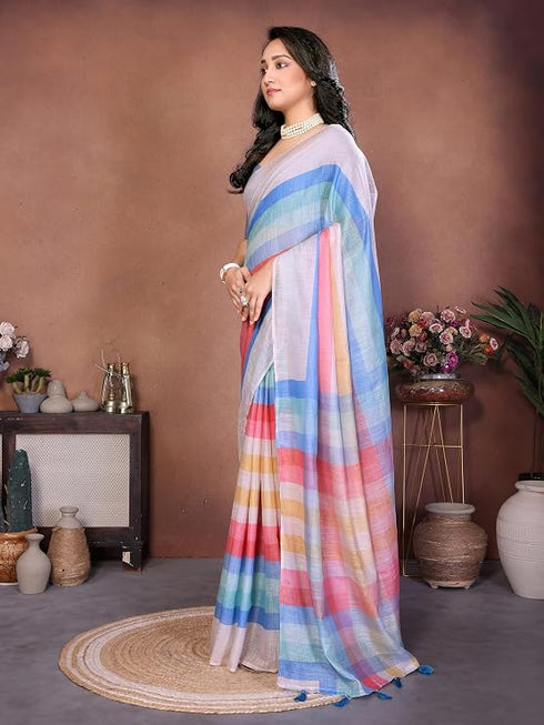 Vasthrlay Multicolour Linen Floral | Striped | Check Design Printed Saree With Solid Unstitched Linen Blouse Piece