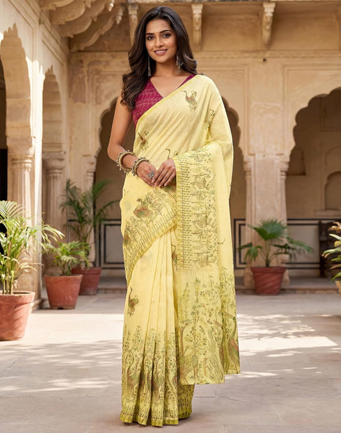 Vasthrlay Chanderi Printed Unstitched Beige Saree