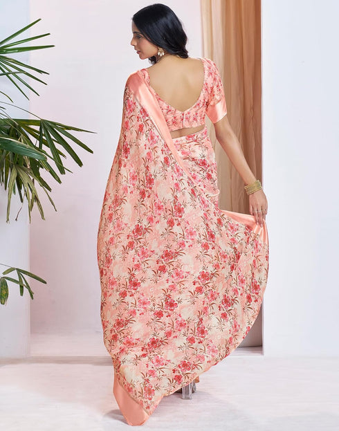 Vasthrlay Georgette Printed Peach Saree With Unstitched Blouse Piece
