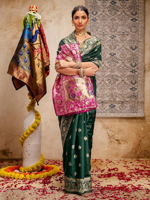 Vasthrlay Weaving Paithani Dark Green Saree With Rani Pink Unstitched Blouse Piece