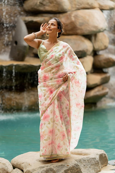 Vasthrlay Fashion Organza Printed White Ethnic Wear