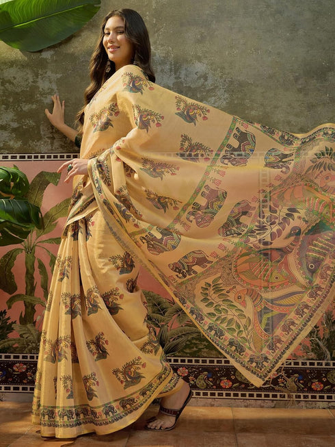 Vasthrlay Shimmer Printed Unstitched Beige Saree