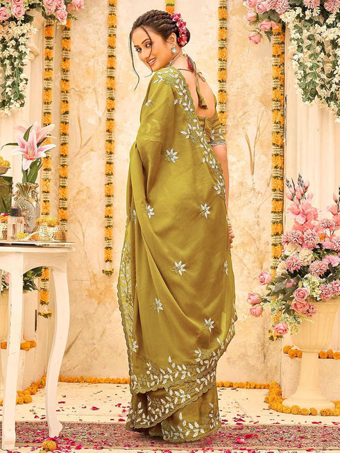 Vasthrlay Georgette Embroidery Olive Saree