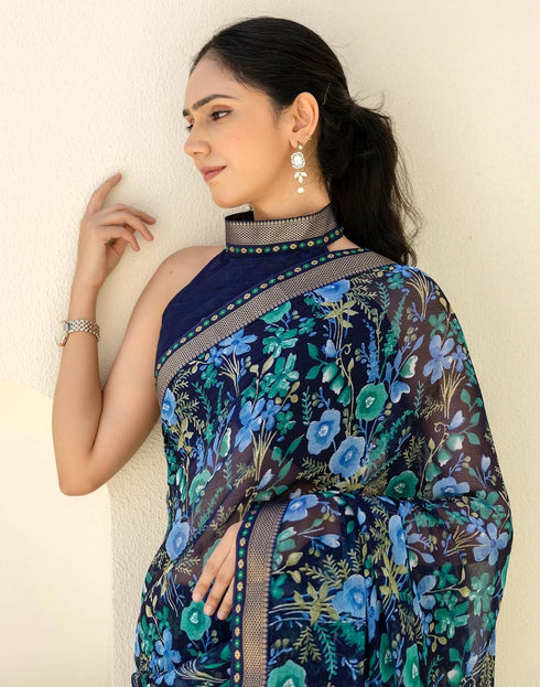 Vasthrlay Chiffon Tassels Unstitched Dark Green Saree