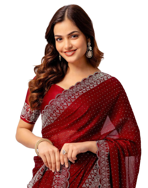 Vasthrlay Chiffon Scalloped Maroon | Silver Saree With Unstitched Blouse Piece