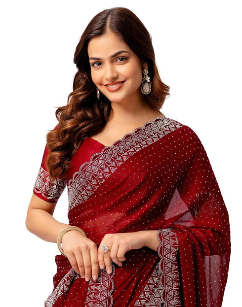 Vasthrlay Chiffon Scalloped Unstitched Maroon Saree