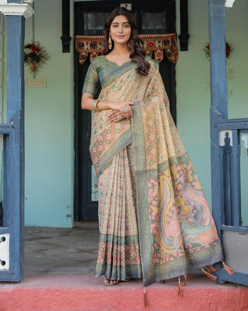 Vasthrlay Handloom Printed Tassels Saree