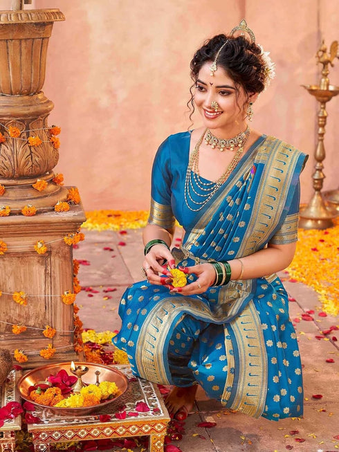 Vasthrlay Weaving Paithani Unstitched Teal Saree