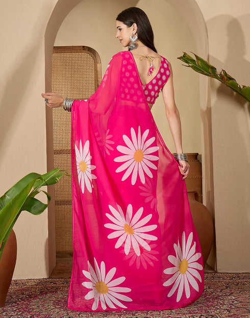 Vasthrlay Georgette Printed Red Saree With Unstitched Blouse Piece