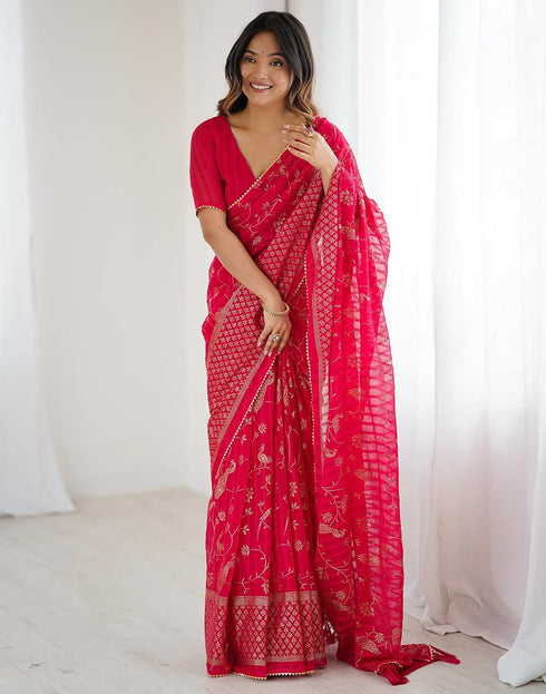 Vasthrlay Georgette Weaving Pink Saree With Unstitched Blouse Piece