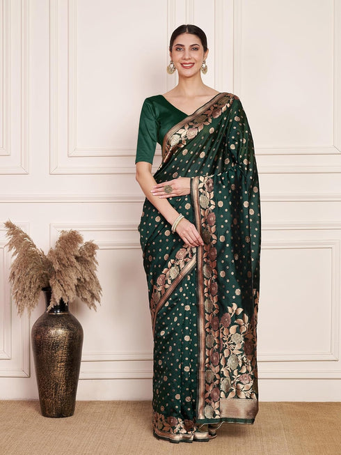 Vasthrlay Kanjeevaram Silk Unstitched Green Bottle Ethnic Wear