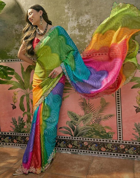 Vasthrlay Scalloped Embroidery Unstitched Lime Green Saree