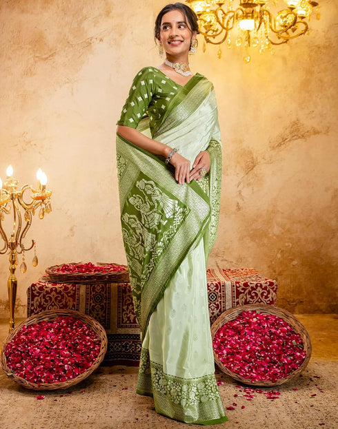 Vasthrlay Womens Printed Light Pista Green Saree With Unstitched Blouse Piece
