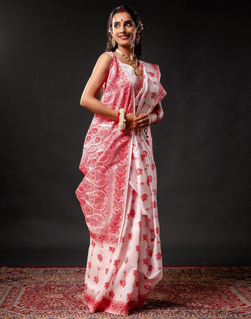 Vasthrlay Womens Banarasi Red And White Saree With Unstitched Blouse Piece
