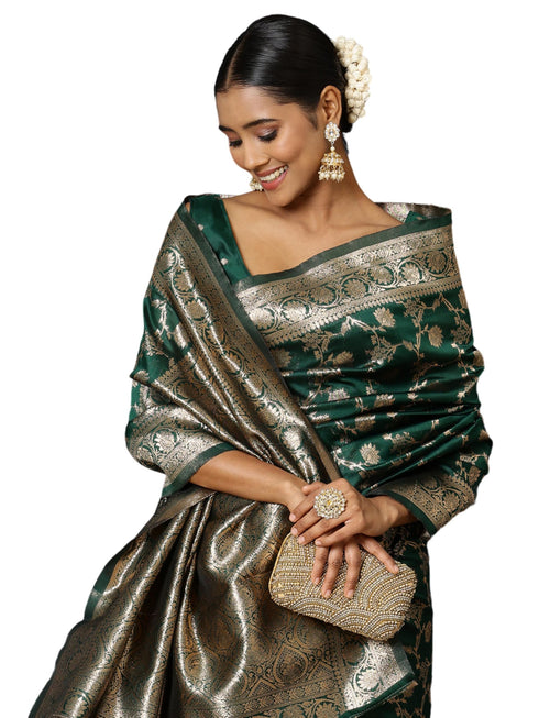 Vasthrlay Bottle Green Banarasi Saree
