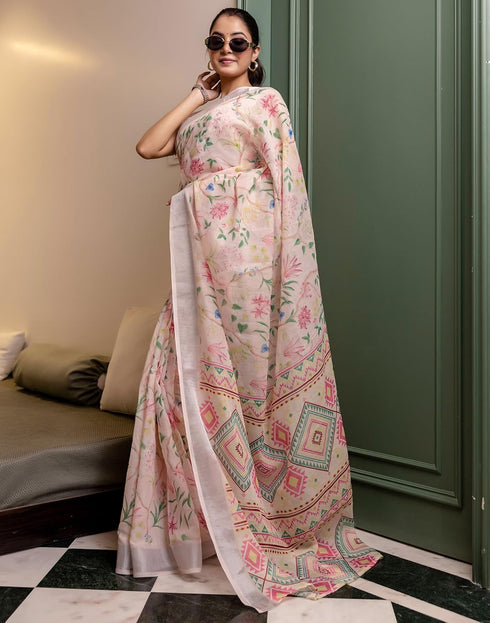Vasthrlay Womens Printed Unstitched Cream Saree