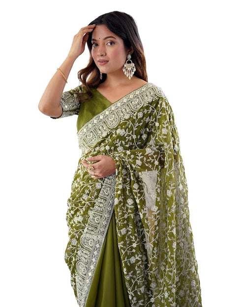 Vasthrlay Georgette Embroidery Unstitched Maroon Saree