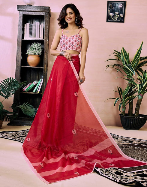 Vasthrlay Chanderi Printed Unstitched Orange Saree