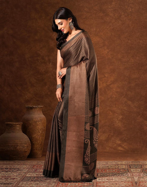 Vasthrlay Womens Printed Unstitched Brown Saree