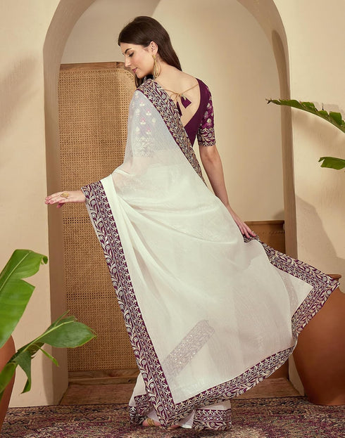 Vasthrlay Embroidery Chiffon Unstitched Off White Saree