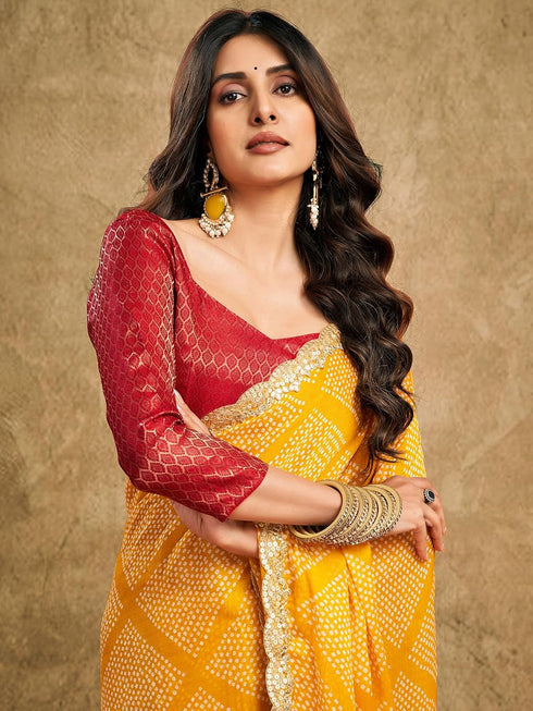 Vasthrlay Chiffon Bandhani Unstitched Yellow Saree