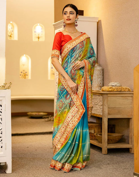 Vasthrlay Bandhani Embroidery Unstitched Multicolor Saree