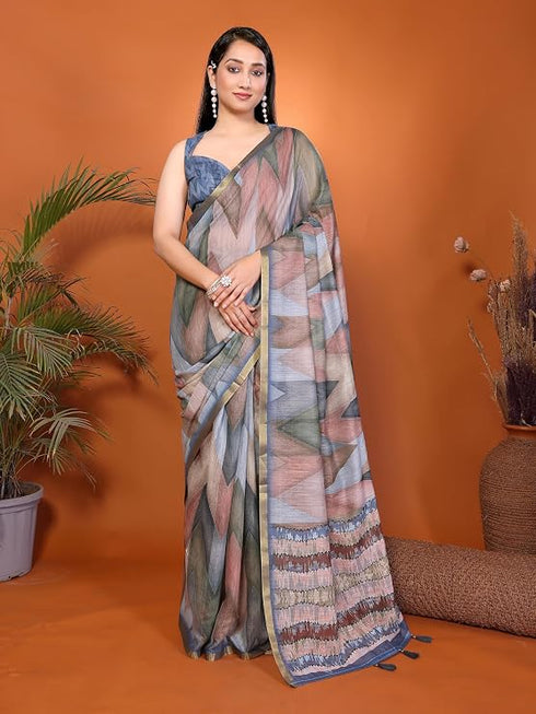 Vasthrlay Brown Linen Floral | Striped | Check Design Printed Saree With Solid Unstitched Linen Blouse Piece