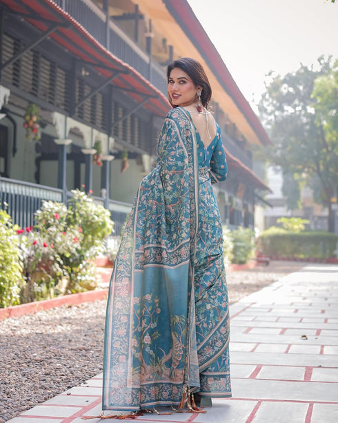 Vasthrlay Turquoise Embroidery Traditional Saree