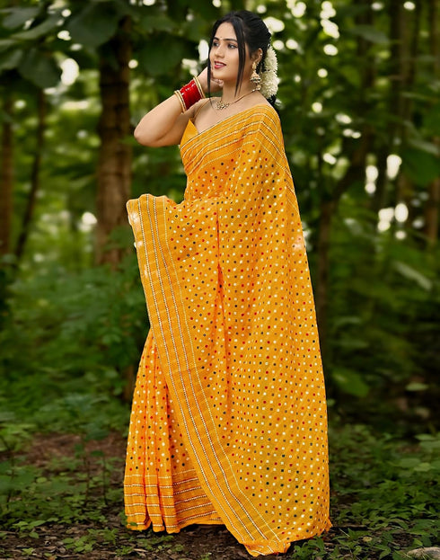 Vasthrlay Chiffon Printed Yellow Saree With Unstitched Blouse Piece