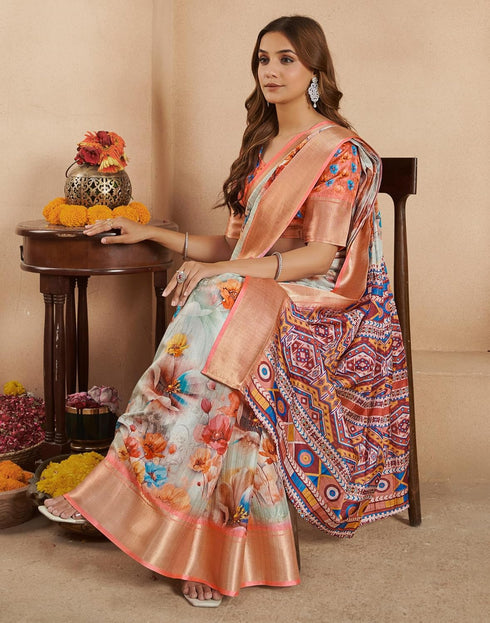 Vasthrlay Womens Printed Unstitched Beige Saree