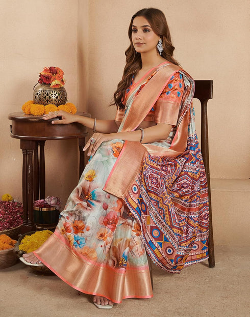 Vasthrlay Womens Printed Multicolor Saree With Unstitched Blouse Piece
