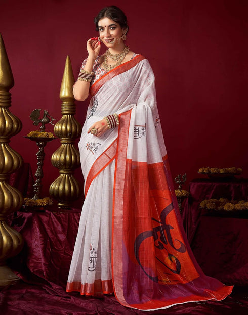 Vasthrlay Womens Printed White Saree With Unstitched Blouse Piece