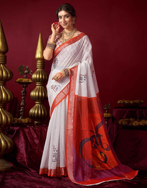 Vasthrlay Womens Printed Unstitched White Saree