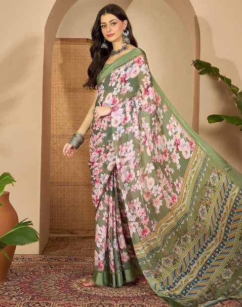 Vasthrlay Womens Printed Green Saree With Unstitched Blouse Piece