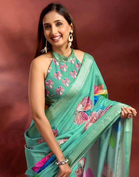Vasthrlay Printed Jacquard Unstitched Rama Green Saree