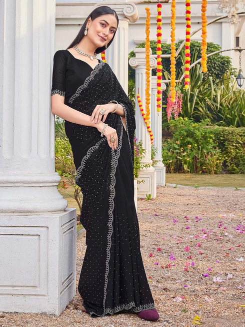 Vasthrlay Georgette Scalloped Unstitched Black Saree