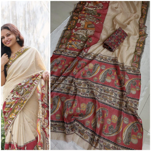 Vasthrlay Kalamkari Printed Beige Saree with Border Cotton-Linen Blend Traditional Folk Art Motifs