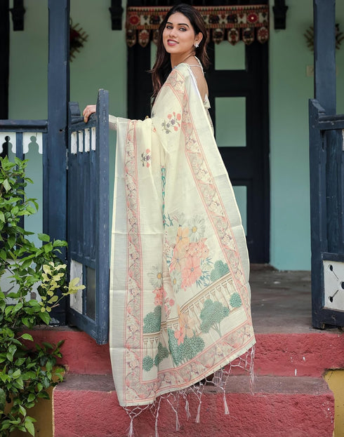 Vasthrlay Womens Printed Unstitched Light Green Saree