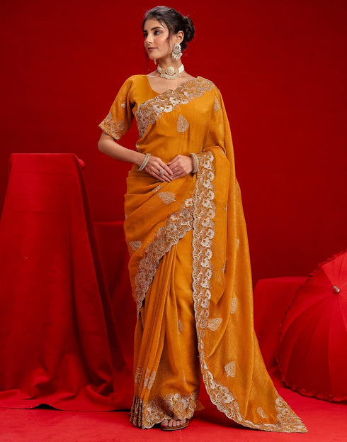 Vasthrlay Embroidery Scalloped Unstitched Maroon Saree