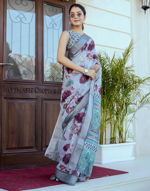 Vasthrlay Womens Printed Unstitched White Saree