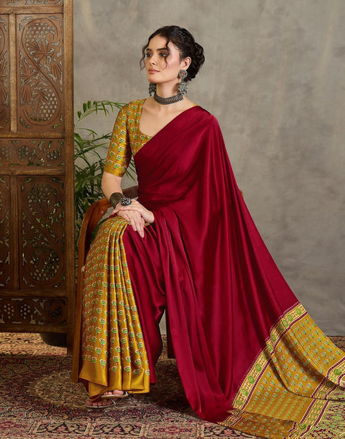 Vasthrlay Printed Tassels Unstitched Maroon Saree