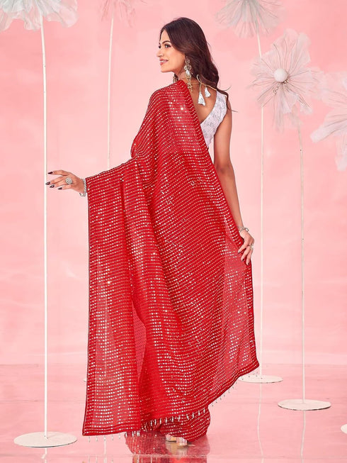 Vasthrlay Sequins Embroidery Red Saree