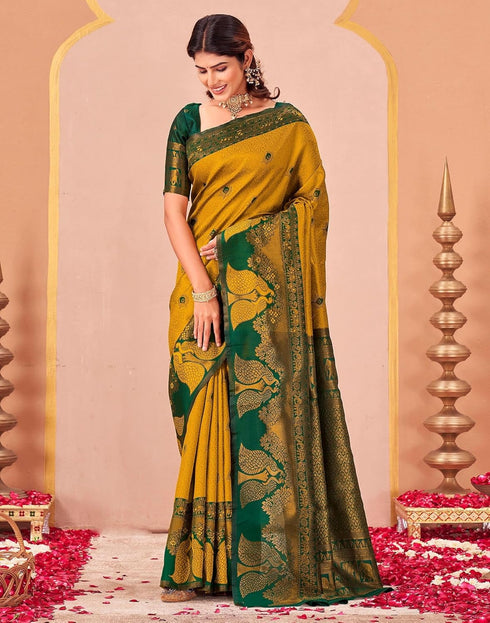 Vasthrlay Kanjivaram Jacquard Unstitched Mustard Saree