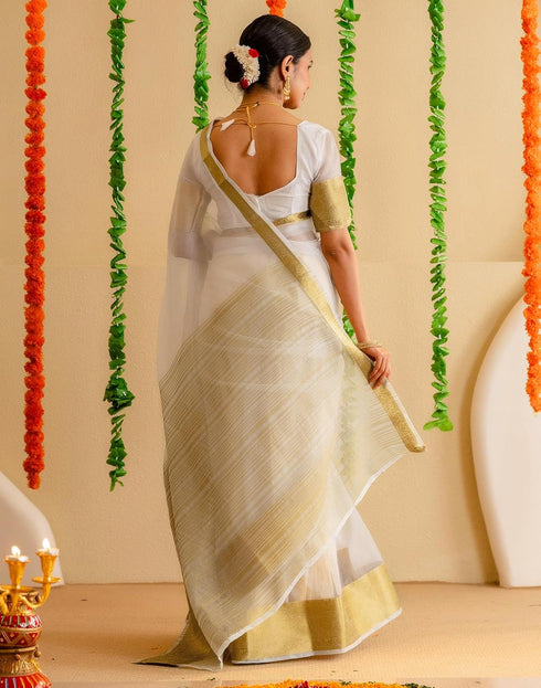 Vasthrlay Special Weaving Unstitched Off White Saree