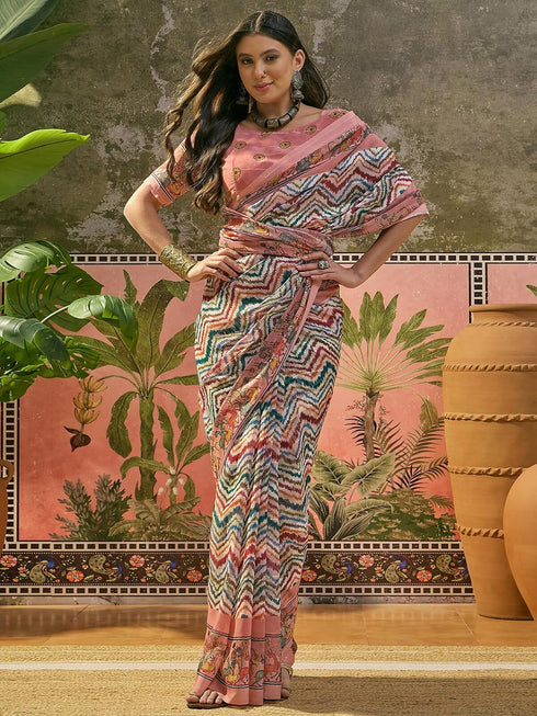 Vasthrlay Shimmer Georgette Multicolour Saree With Unstitched Blouse Piece